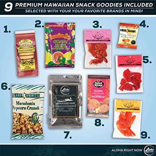 Aloha Right Now Hawaiian Variety Local Snack Pack - Pack of 9 - Hawaiian snacks cookies food & macadamia nut cookie crunch - Special Assortment Basket Bundle Gift Box Pack - Hawaiian Gifts