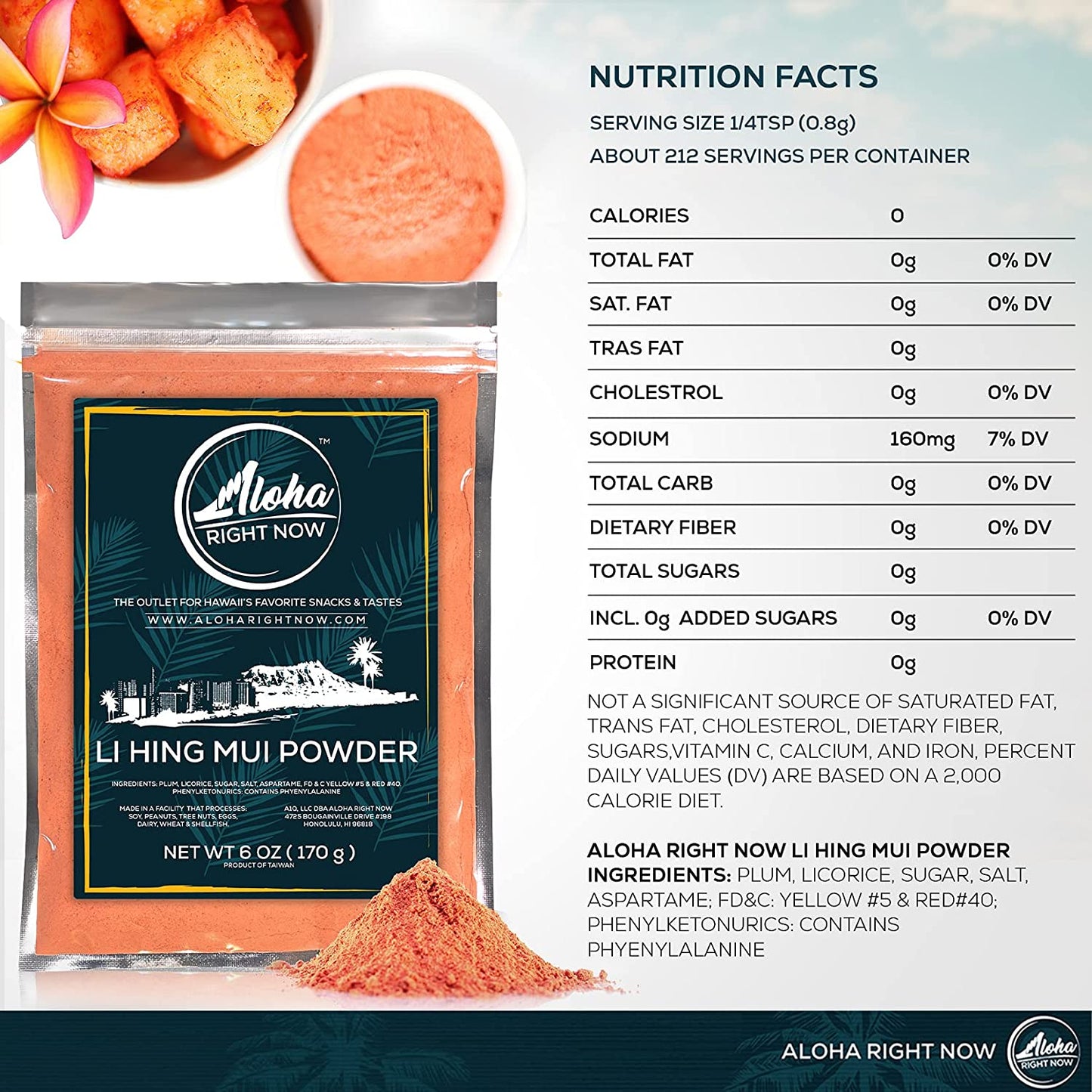 Aloha Right Now Authentic Li Hing Mui Powder 6 oz - for flavoring fruits, candy, & cocktail drinks