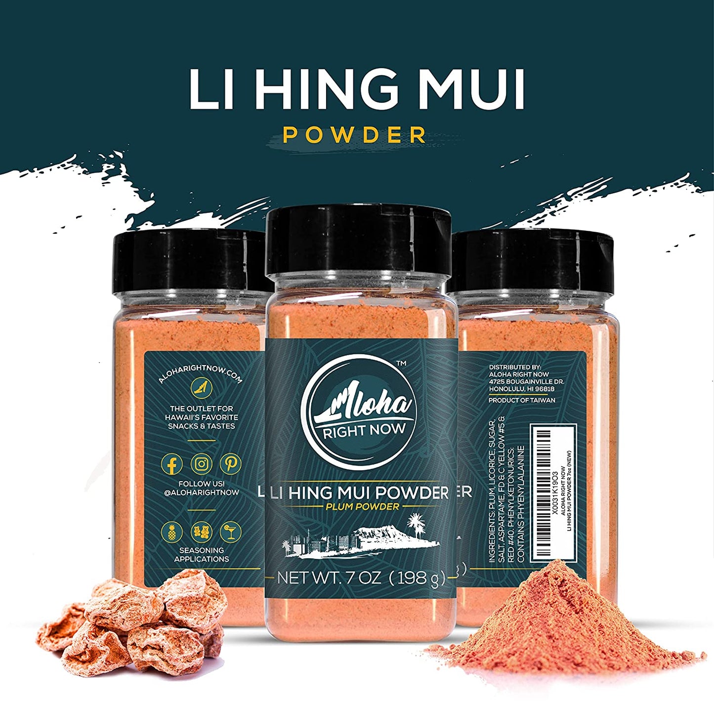 Aloha Right Now Authentic Li Hing Mui Powder 7 oz Shaker for flavoring fruits, candy, & cocktail drinks