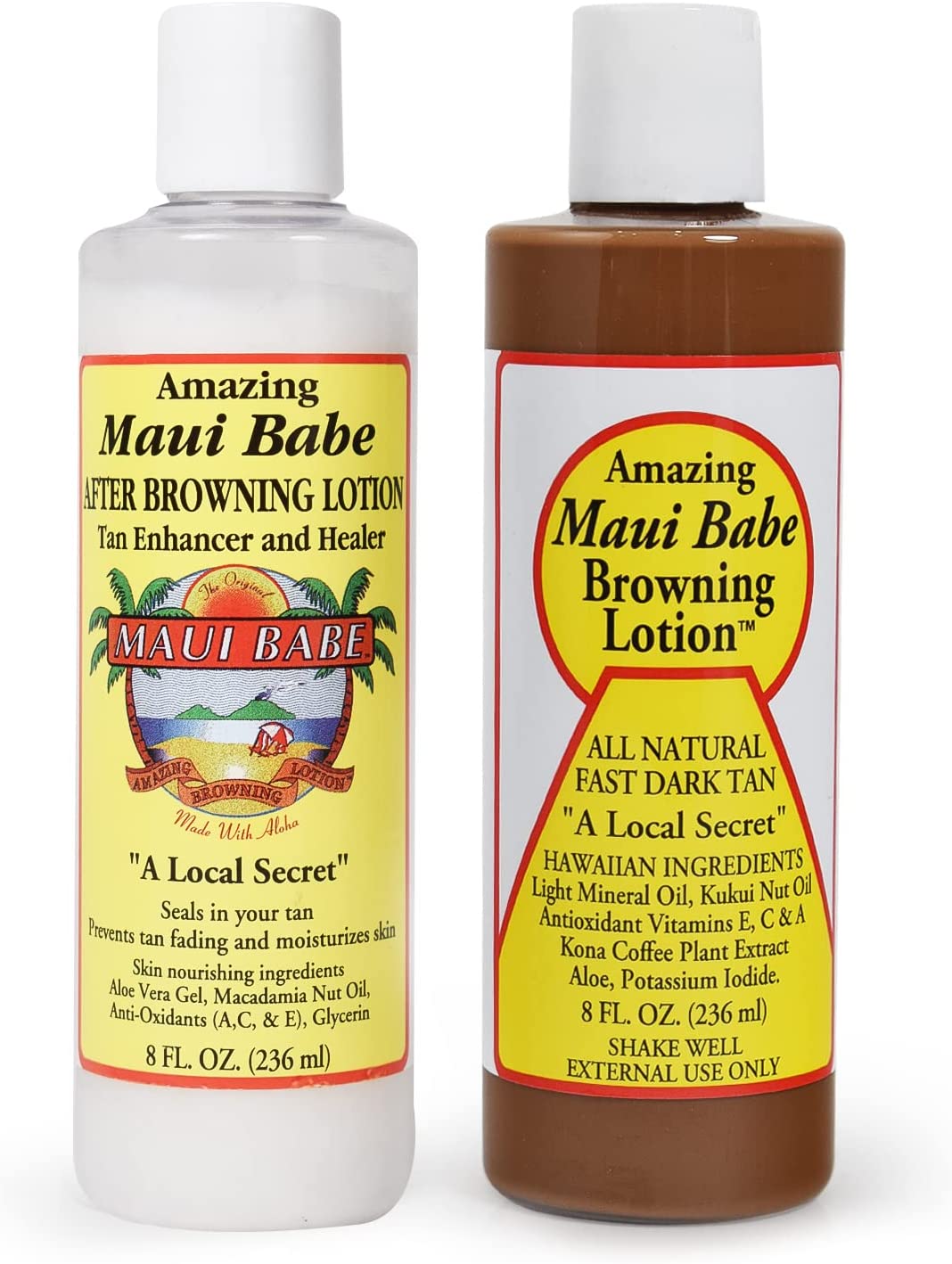 Maui Babe Before And After Browning Lotion, [2-Pack]- Before And After Sun Tan, Made In USA, 8 Ounces